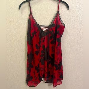 Red & Black Rose Slip Dress- Front Tie- Victorias Secret Size Large Intimate